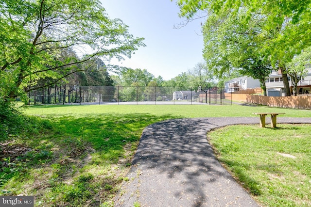 view of home's community featuring a lawn and fence