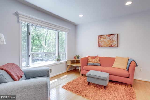 living room with baseboards, wood-type flooring, and recessed lighting