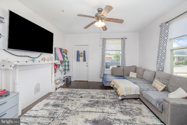 living area featuring a ceiling fan, a wealth of natural light, and wood finished floors
