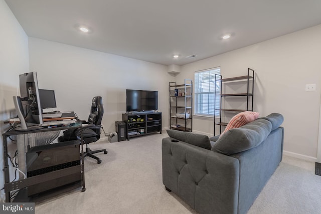 home office with recessed lighting, baseboards, visible vents, and light carpet