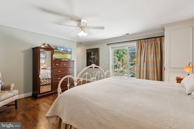 bedroom with crown molding, dark wood-style flooring, access to outside, baseboards, and visible vents