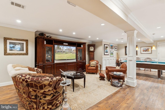 cinema with recessed lighting, pool table, light wood-type flooring, ornate columns, and visible vents