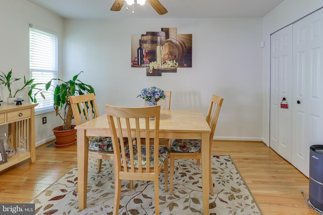 dining room with baseboards, ceiling fan, wood finished floors, and a healthy amount of sunlight