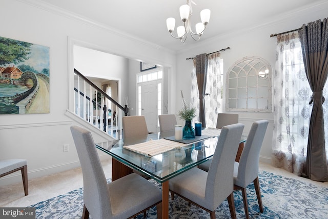 carpeted dining room with baseboards, ornamental molding, stairs, and a notable chandelier