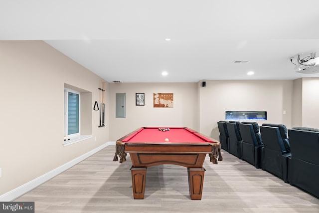 rec room featuring pool table, baseboards, electric panel, and light wood-type flooring