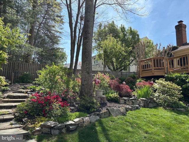 view of yard with fence and a deck