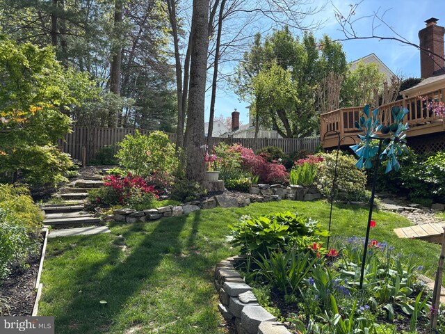 view of yard with fence and a wooden deck