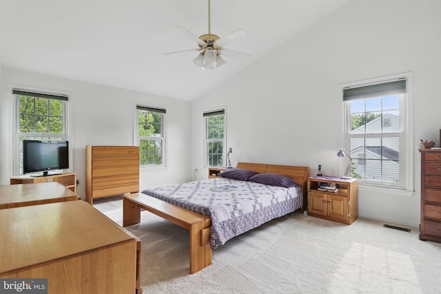 9116 John Way, Fairfax Station, VA 22039 - bedroom with light carpet, high vaulted ceiling, and ceiling fan
