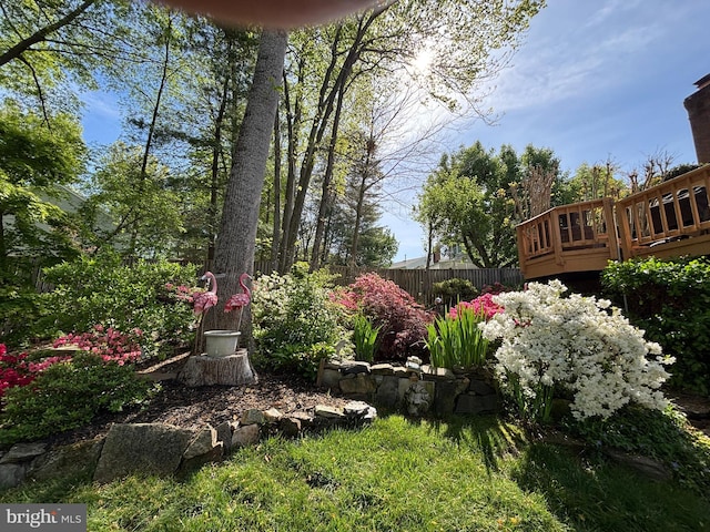 view of yard featuring fence and a deck