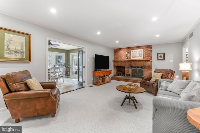 318 Longwood Rd, Kennett Square, PA 19348 - living room with recessed lighting, carpet flooring, ceiling fan, a brick fireplace, and baseboards