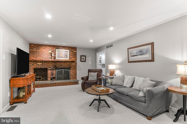 318 Longwood Rd, Kennett Square, PA 19348 - living area with crown molding, recessed lighting, a brick fireplace, and carpet floors