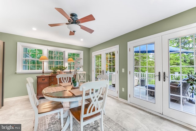 318 Longwood Rd, Kennett Square, PA 19348 - dining area with french doors, healthy amount of natural light, baseboards, a ceiling fan, and recessed lighting