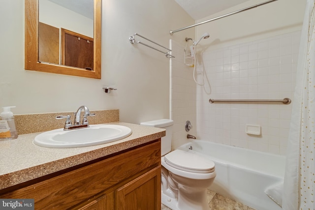 full bath featuring vanity, shower / bathtub combination with curtain, and toilet