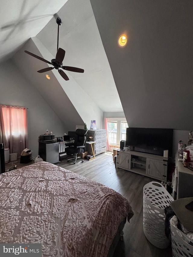 bedroom featuring recessed lighting, a ceiling fan, wood finished floors, and lofted ceiling