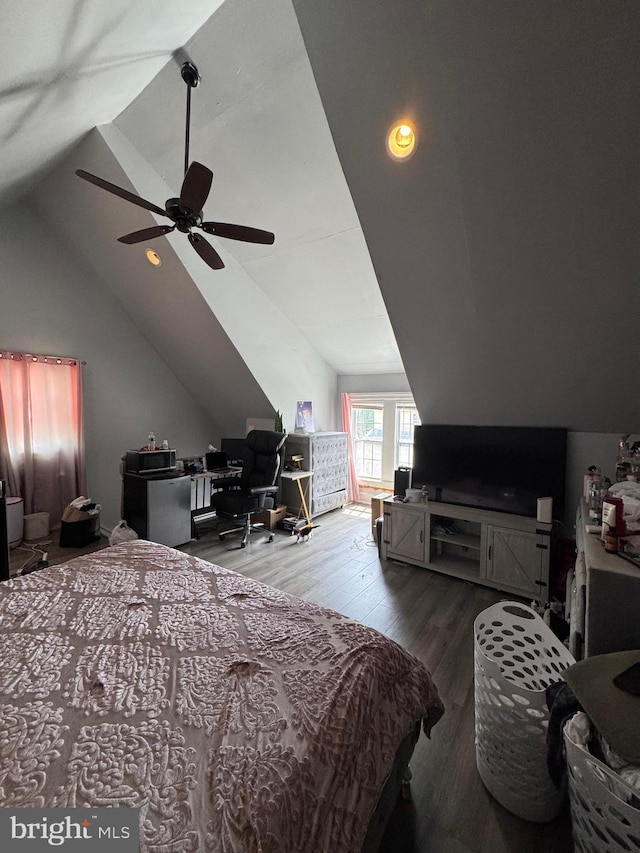 bedroom featuring ceiling fan, vaulted ceiling, recessed lighting, and wood finished floors