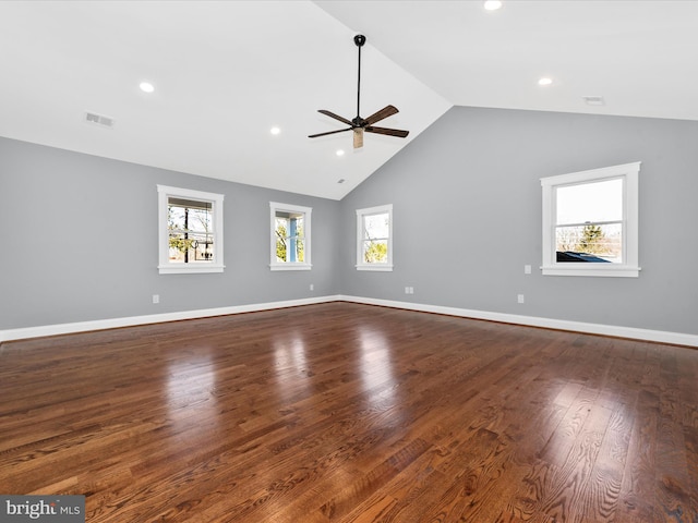 spare room with visible vents, wood finished floors, baseboards, ceiling fan, and recessed lighting