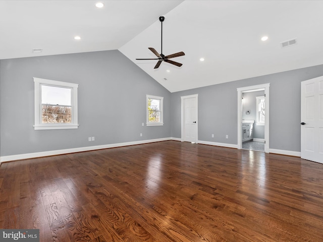 unfurnished living room featuring ceiling fan, visible vents, baseboards, and wood finished floors