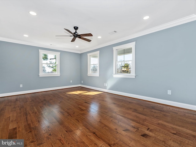 spare room featuring baseboards, a ceiling fan, recessed lighting, and ornamental molding