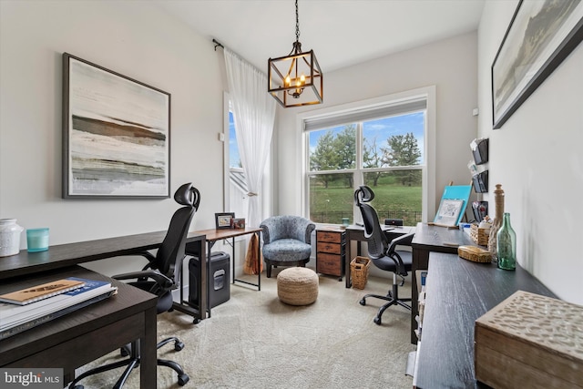carpeted office featuring an inviting chandelier