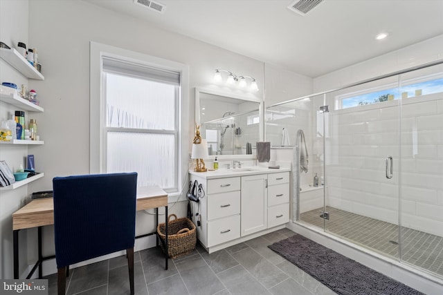 bathroom featuring vanity, tile patterned flooring, a stall shower, and visible vents