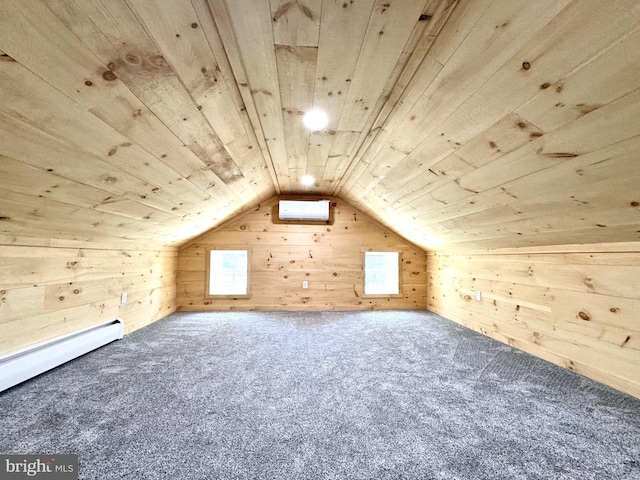 bonus room featuring carpet floors, wood walls, wooden ceiling, and vaulted ceiling
