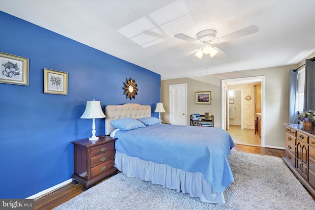 122 Tregarone Rd, Lutherville Timonium, MD 21093 - bedroom featuring baseboards, ceiling fan, wood finished floors, and ensuite bathroom