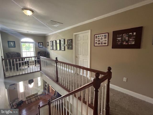 3187 Bishop Meade Rd, Boyce, VA 22620 - hallway featuring an upstairs landing, crown molding, and baseboards