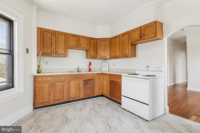 kitchen featuring brown cabinets, light countertops, a sink, and electric stove