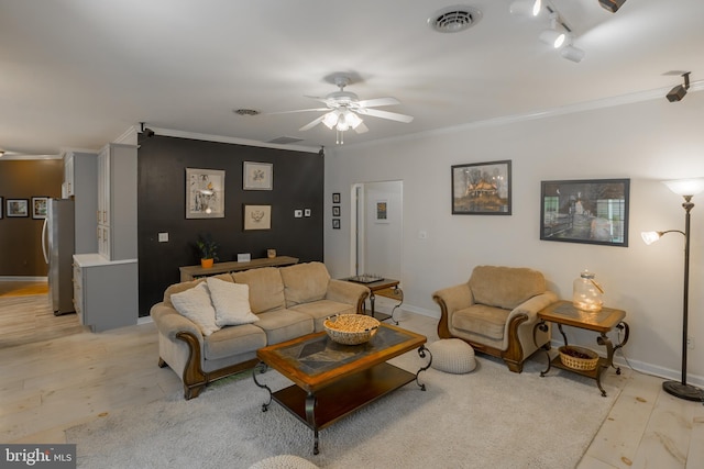 7645 E Longfield Dr, Hebron, MD 21830 - living area featuring crown molding, ceiling fan, and visible vents