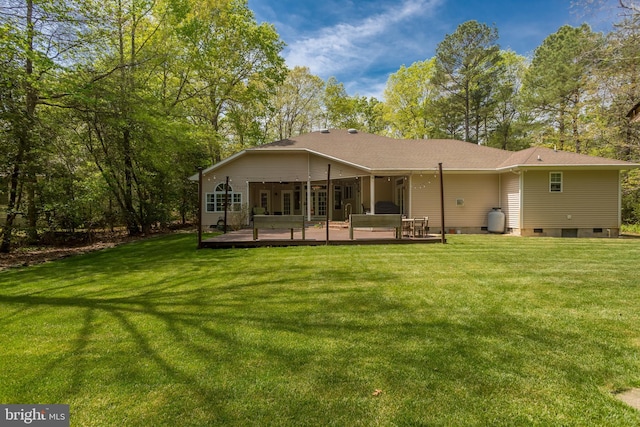7645 E Longfield Dr, Hebron, MD 21830 - rear view of house with a shingled roof, a wooden deck, a yard, and crawl space