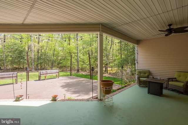 7645 E Longfield Dr, Hebron, MD 21830 - view of patio with a wooded view, ceiling fan, and a wooden deck