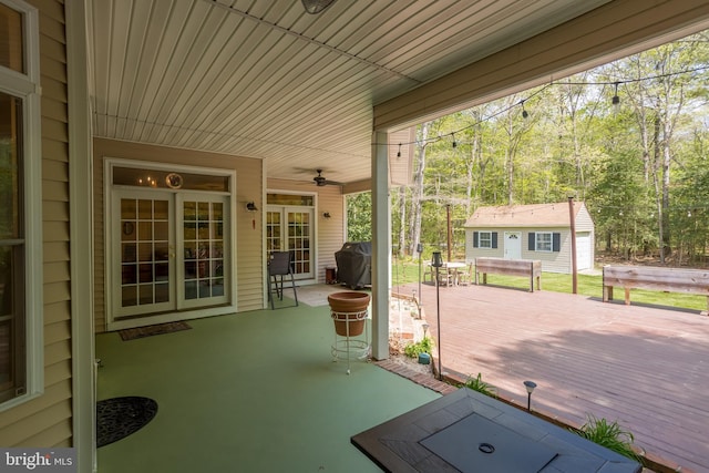 7645 E Longfield Dr, Hebron, MD 21830 - view of patio / terrace with an outdoor structure, a ceiling fan, a wooden deck, and grilling area