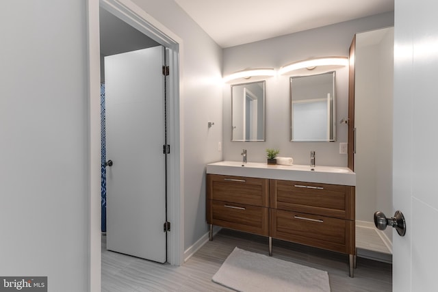 full bathroom featuring a sink, baseboards, double vanity, and wood finished floors
