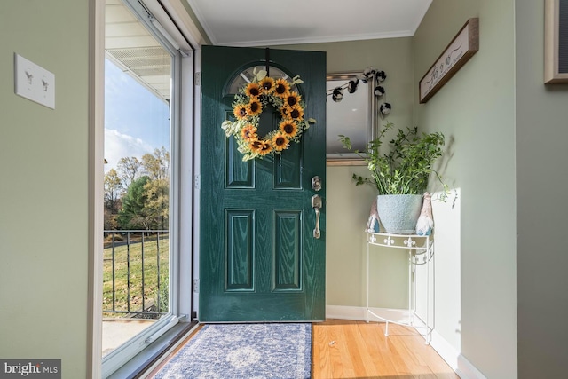 foyer entrance with crown molding, baseboards, and wood finished floors