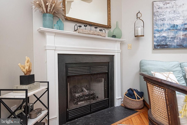 interior details with a fireplace with flush hearth and wood finished floors