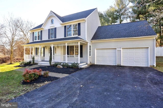 view of front of home featuring roof with shingles, an attached garage, a front lawn, covered porch, and driveway