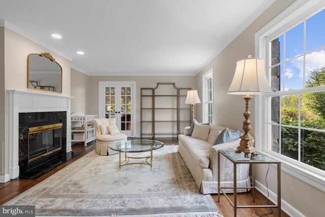 living area featuring a wealth of natural light, french doors, and wood finished floors