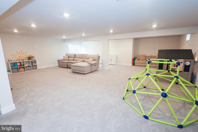 rec room featuring recessed lighting, baseboards, and carpet floors