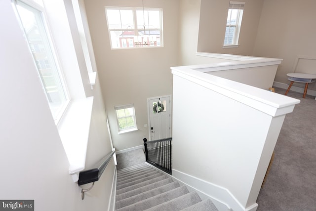 stairs featuring carpet, baseboards, and a towering ceiling
