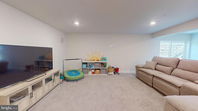 rec room with carpet floors, recessed lighting, and baseboards