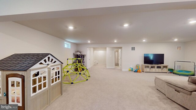 recreation room featuring recessed lighting, carpet floors, and baseboards