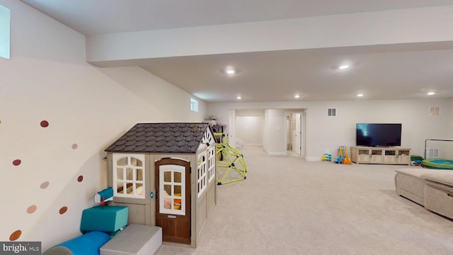 recreation room with recessed lighting, carpet floors, and baseboards