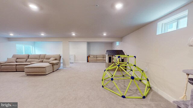 playroom featuring carpet flooring, recessed lighting, and baseboards