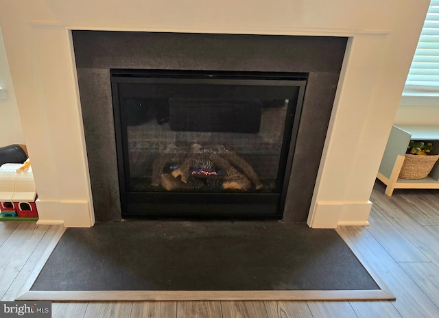 detailed view of a fireplace and wood finished floors