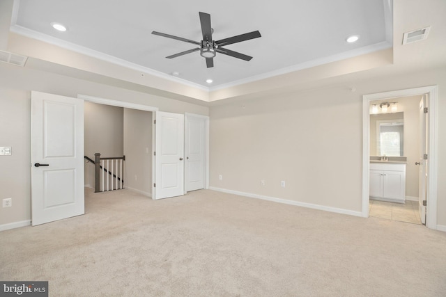 1398 Rail Stop Dr, Woodbridge, VA 22191 - unfurnished bedroom featuring crown molding, light colored carpet, baseboards, a tray ceiling, and recessed lighting