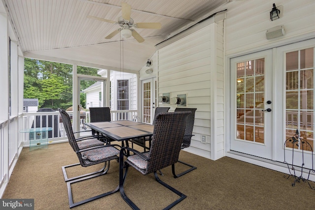 301 Gentle Breeze Cir, Fredericksburg, VA 22406 - sunroom / solarium with ceiling fan, outdoor dining area, lofted ceiling, and french doors