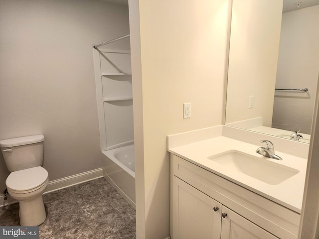full bathroom featuring toilet, vanity, baseboards, and shower / bathtub combination