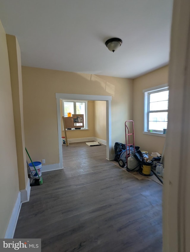 hallway with baseboards, plenty of natural light, and wood finished floors