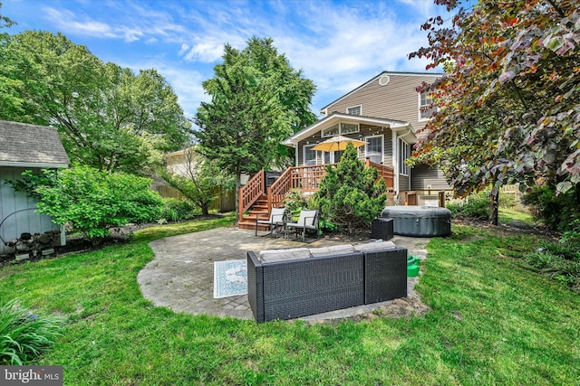 7707 W Dr, Glen Burnie, MD 21060 - view of yard featuring a patio area, a deck, stairs, an outdoor living space, and an outbuilding