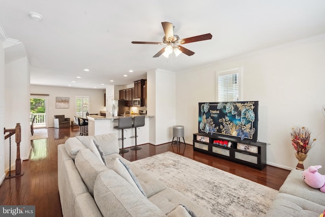living room with crown molding, a ceiling fan, baseboards, recessed lighting, and dark wood-type flooring
